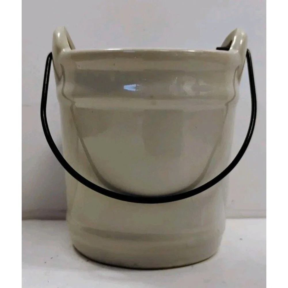 Vtg Hand Painted Blue Bird Small Ceramic Pail Crock Match Holder Bucket Handle 3